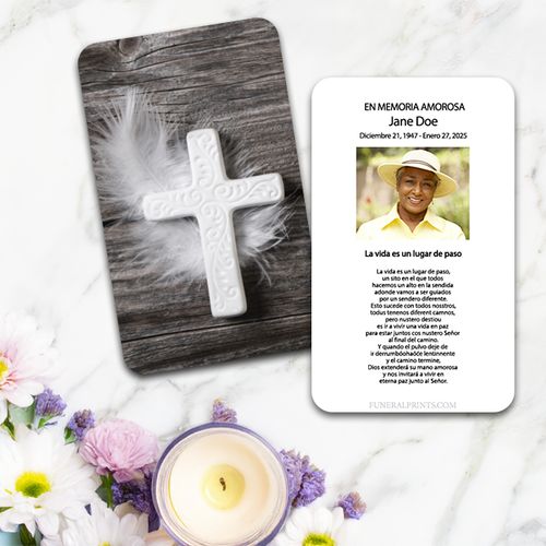 Show details for Feather Cross Spanish Prayer Card